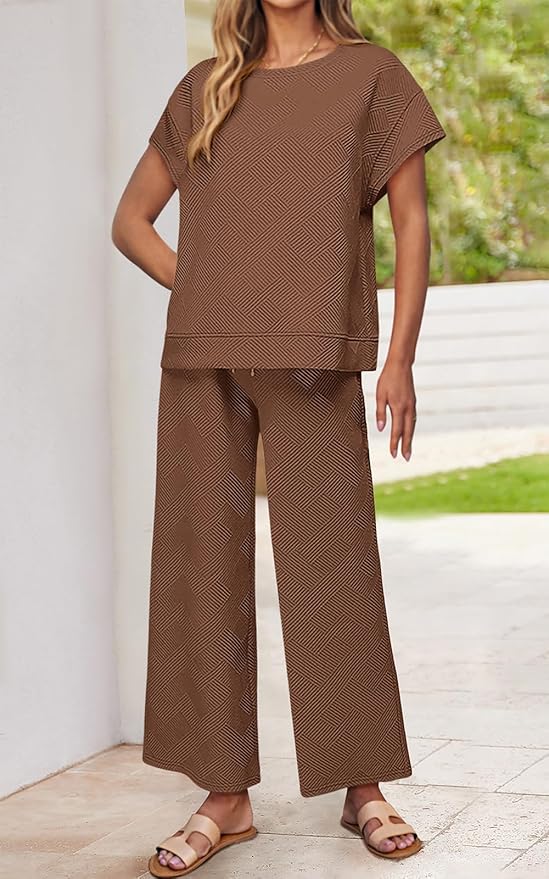 PRETTYGARDEN 2 Piece Outfits For Women Casual Tracksuit Short Sleeve Tops And Wide Leg Long Pants Matching Lounge Sets