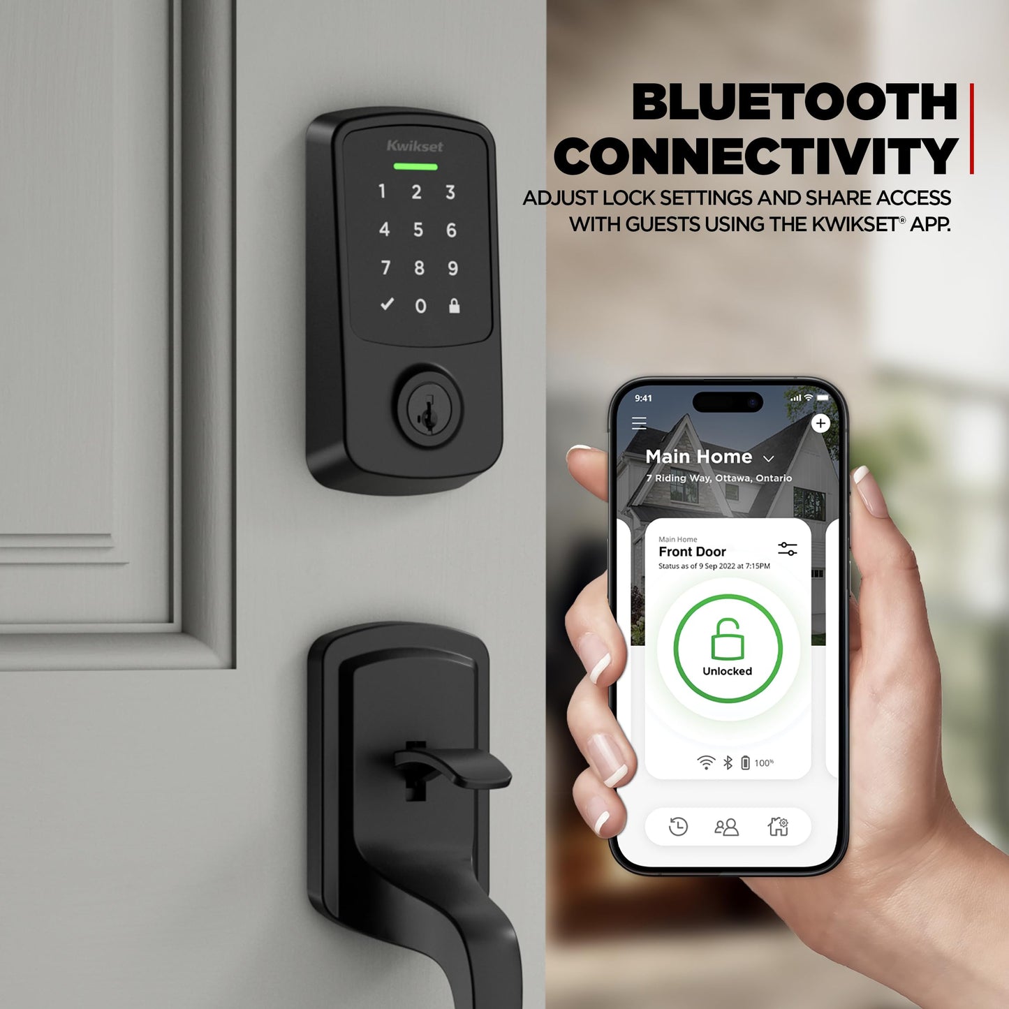 Kwikset Aura Reach Smart Lock Matter Over Thread and Bluetooth Enabled Keyless Entry Door Lock Deadbolt, BHMA Certified, Proximity Wakeup, Geofence Auto-Unlock Matte Black