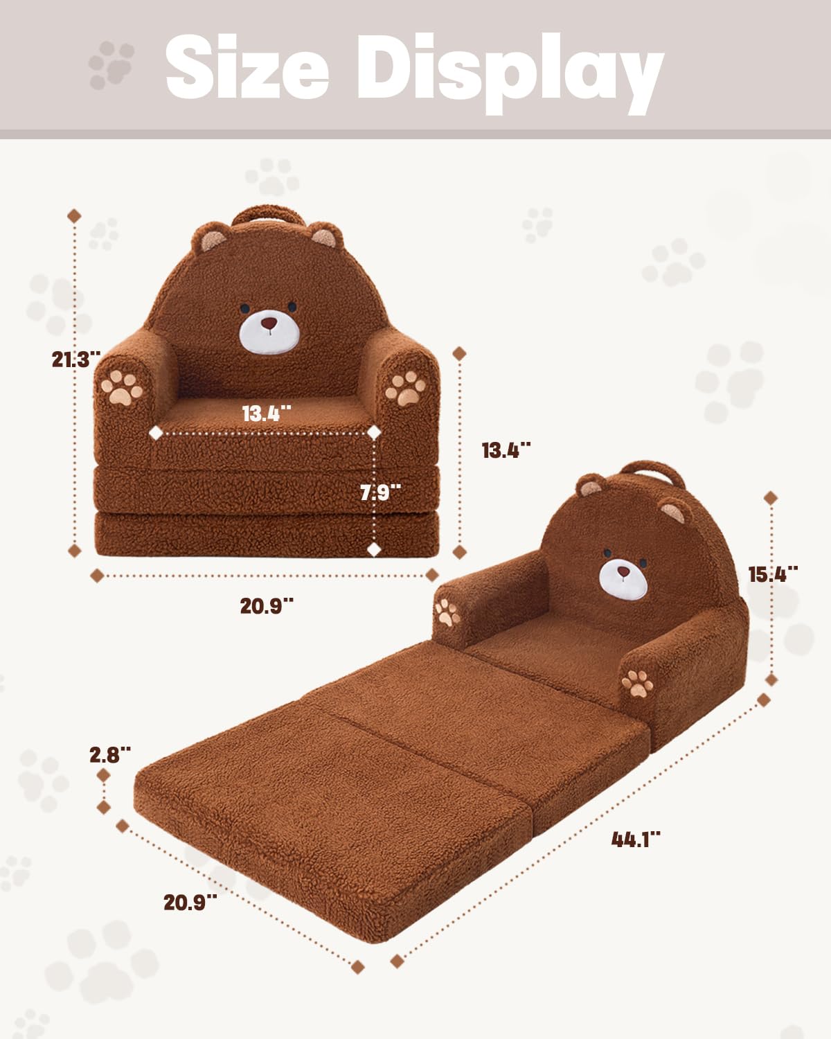 MOONBEEKI 2-in-1 Foldable Toddler Couch – Soft Sherpa Sofa Chair for Kids Ages 1–3, Brown Bear, Medium