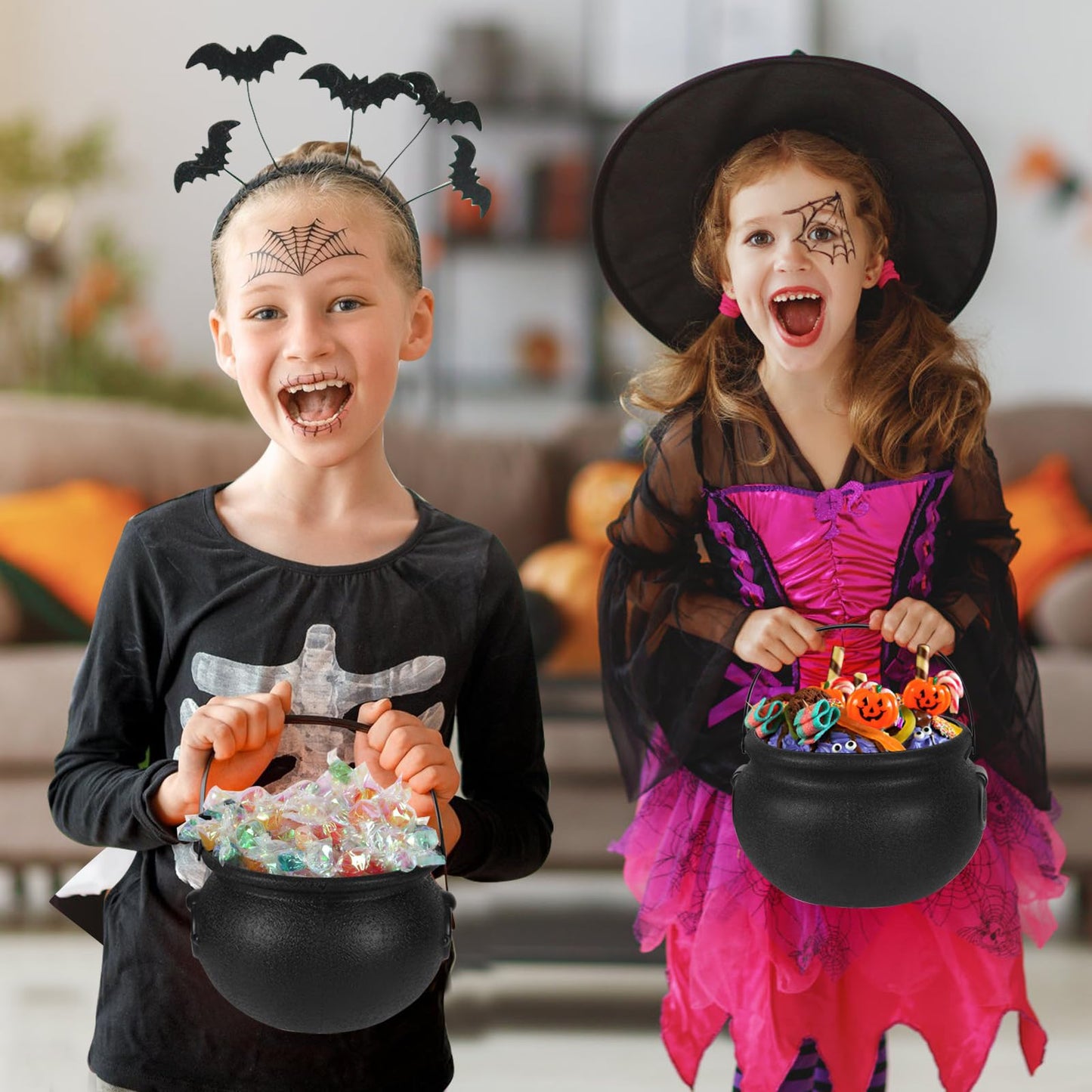 Zesua Halloween Decorations - 6 in 1 Package Large Black Plastic Witches Cauldron - Cauldron Candy Bowl - Trick or Treat - Cauldron Pot for Indoor Outdoor Party Table Decor
