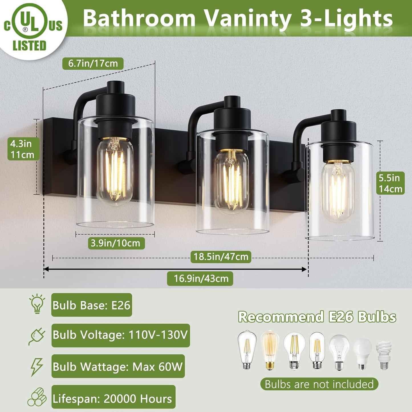 Dpyrrhic Bathroom Light Fixtures,Matte Black 3-Light Bathroom Lights Over Mirror with Clear Glass Shade,Wall Sconces for Kitchen Living Room Bedroom