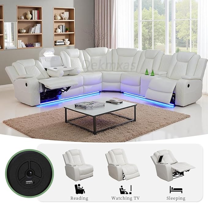 Dekmxas Breathing Leather Power Recliner Sectional Sofa Couch with LED Light, Living Room Furniture Sets,Creamy White Power Reclining Sectional Sofa Set with Storage Console/Cup Holder for Living Room