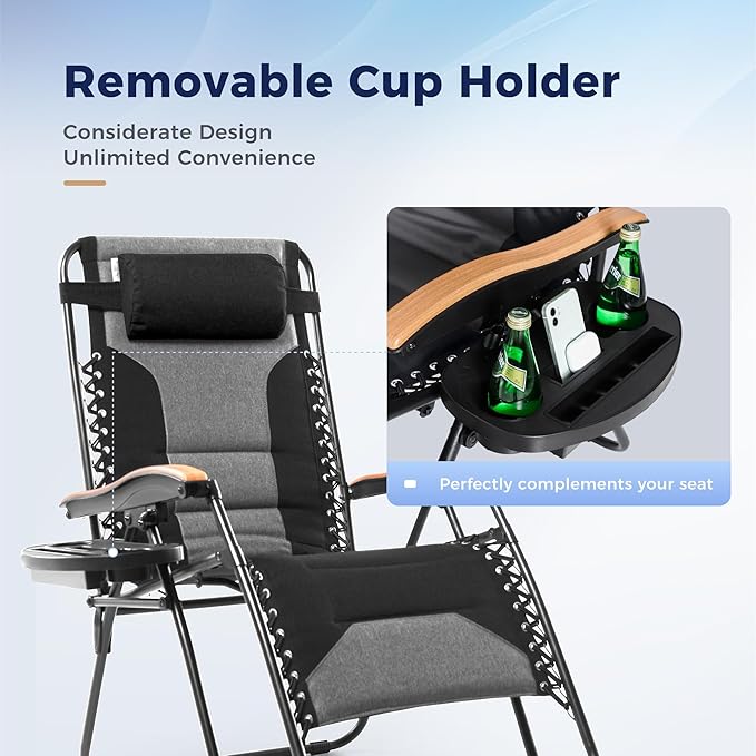 MAISON ARTS Oversized XXL Zero Gravity Chair, 30" Wide Seat Padded Foldable Recliner, Anti Gravity Outdoor Lawn Chair for Poolside/Backyard/Beach, Supports 400lbs, Black & Grey