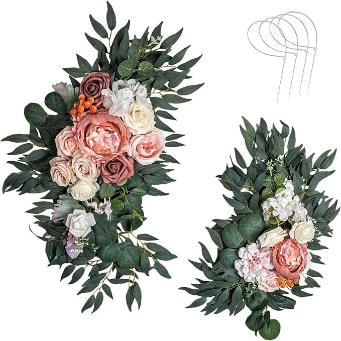 AitnWoy Artificial Wedding Arch Flowers Kit 2 PCS Dust Rose Flowers Silk Peony Floral Swag Welcome Sign for Wedding Ceremony Party Home Garland Decor(Reddish Brown)