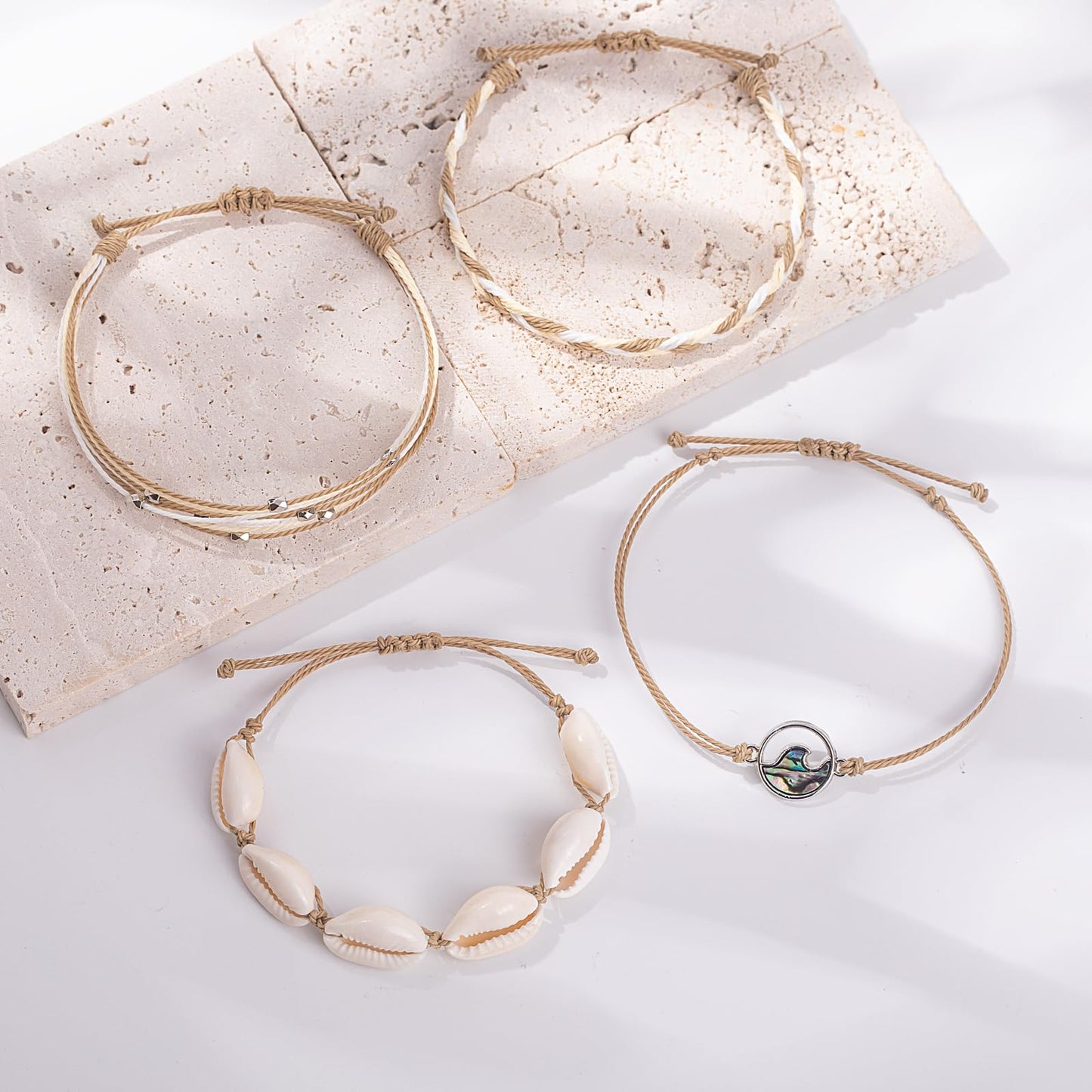 FANCY SHINY Wave String Bracelets Braid Puka Shell Bead Bracelets Handmade Cute Trendy Boho Abalone Jewelry Gifts for Women(Sand