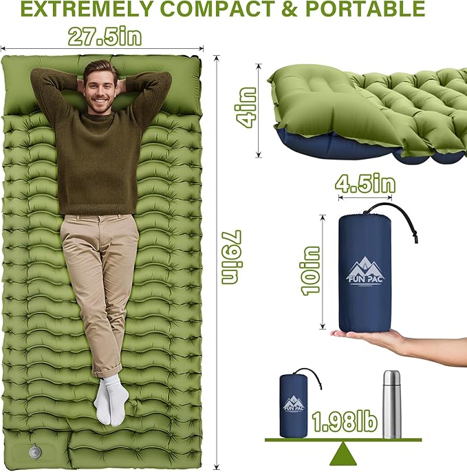 Camping Sleeping Pad, Ultralight Camping Mat with Pillow, Built-in Foot Pump Inflatable Sleeping Pads Compact for Camping Backpacking Hiking Traveling Tent,Single,Green