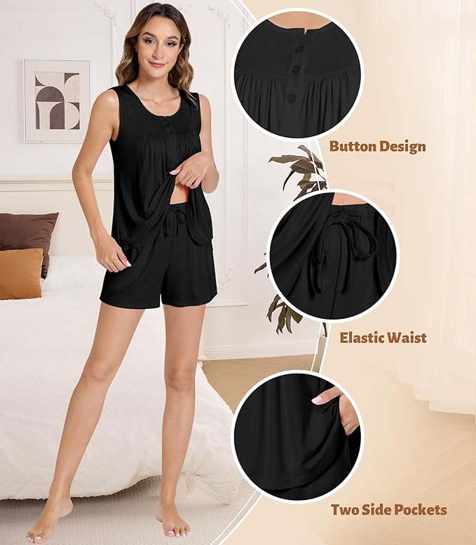 NACHILA Pajamas for Women-Viscose from Bamboo, Ribbed Racerback Tank Top Sexy Split Shorts Pajama Sets Cooling Sleep Cami Pjs