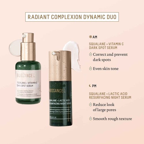 BIOSSANCE Squalane + Lactic Acid Resurfacing Night Serum - Vegan 10% Lactic Acid Face Serum for Skin Texture and Fine Lines - Gentle Night Exfoliant, Hydrating - Pore Reducer for Face, 1.0 Ounce