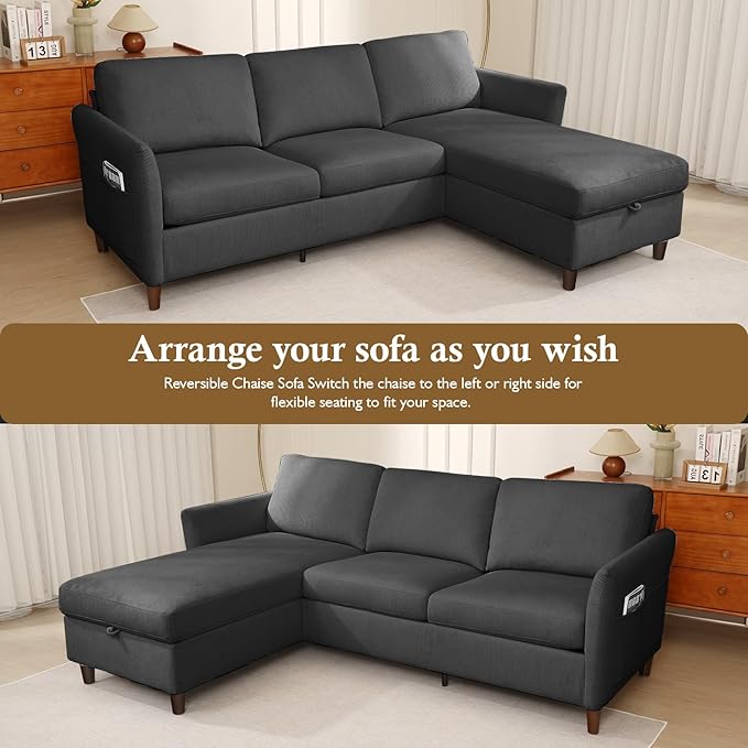 Valthie Convertible Sectional Sofa,Corduroy L-Shaped Couch with Reversible Storage Chaise,3-Seater Sofa with Side Pocket for Living Room,Bedroom and Office, 106.7",Grey