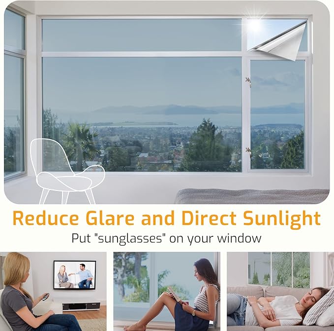 LUTE One Way Window Privacy Film, Window Tint for Home, Sun Blocking UV Heat Blocker, See Out Not in Reflective Mirror Film, Removable Static Cling Glass Door Coverings, Silver, 23.6" x 157.4"