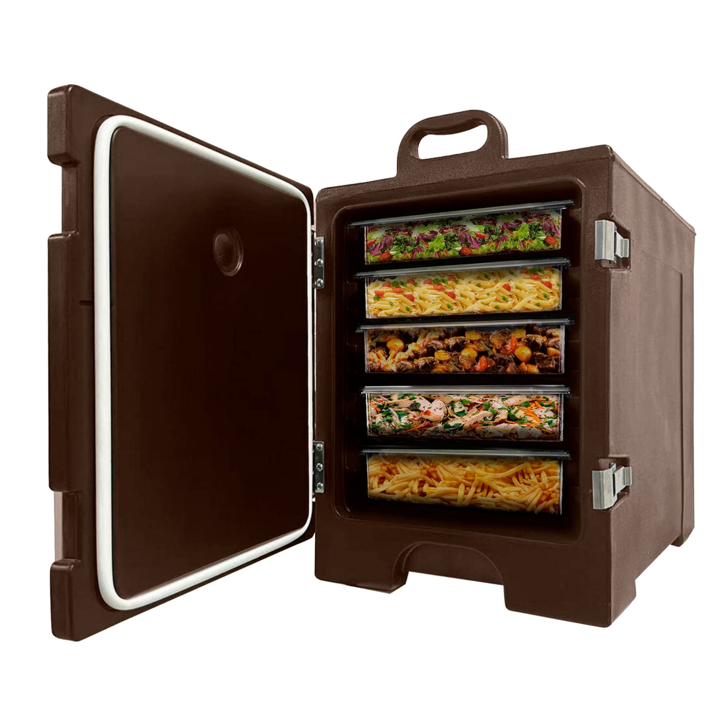 Pearington Premium Insulated Food Pan Carrier, 81 Quart, Double Walled with Dual Front Latches, Fits 5 Full Size Pans, Brown