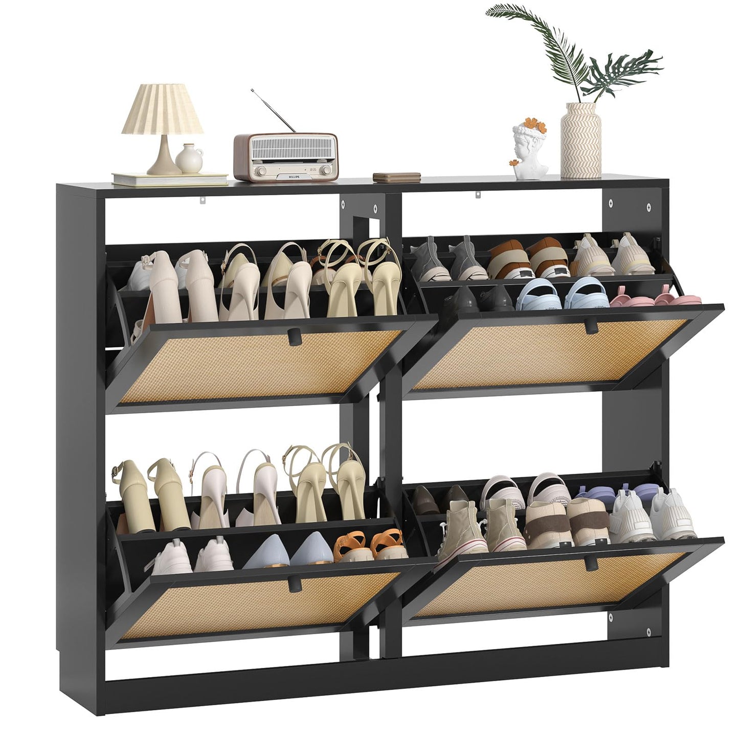 Skokliz Rattan Shoe Storage Cabinet with 4 Flip Drawers, Freestanding Hidden Shoe Cabinet Organizer with Adjustable Shelf, Narrow Shoe Cabinet for Entryway Hallway Living Room