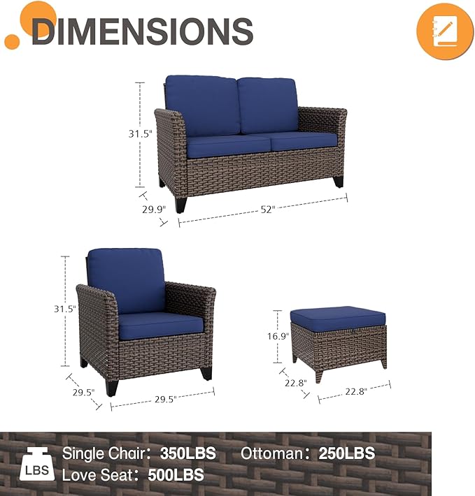 COOS BAY Harbor Retreat 5 Piece Outdoor Furniture Set, Patio Conversation Set with Patio Chairs, 2 Seat Loveseat and Ottomans, Wicker Furniture, Brown/Blue