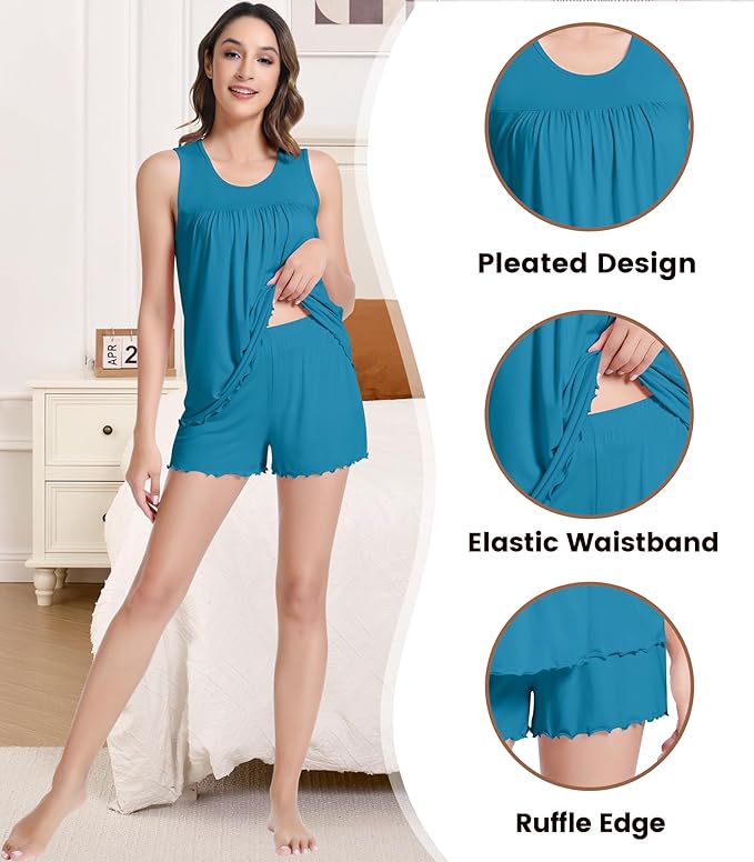 NACHILA Pajamas for Women-Viscose from Bamboo, Ribbed Racerback Tank Top Sexy Split Shorts Pajama Sets Cooling Sleep Cami Pjs