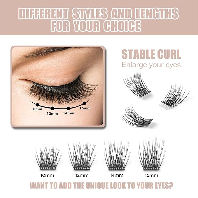 DIY Eyelash Extension, 3D Effect Glue Bonded Individual Lash 12 Clusters Volume Lashes Set, Home Eyelash Extension, C curl Lashes Pack (10MM)