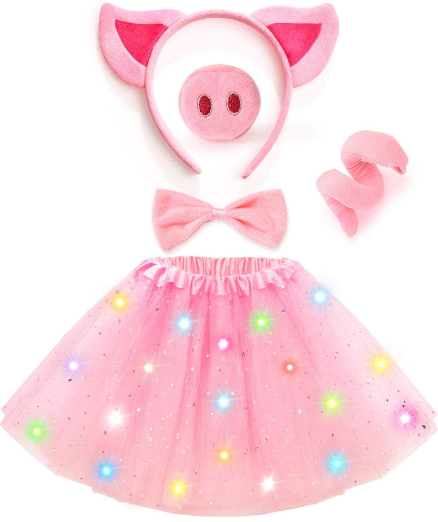 G.C Kids Light Up Pig Costume Girls Pig Ears Headband Nose Tail Bow Tie Tutu Skirt Accessories Animal Costumes Halloween Cosplay Birthday Gifts