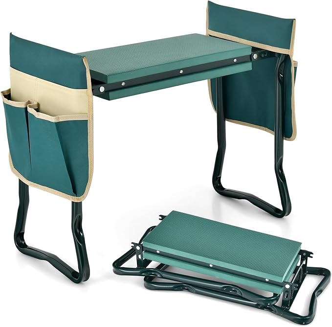Goplus Garden Kneeler and Seat, Foldable Garden Bench for Kneeling & Sitting, Widened 8" EVA Soft Foam Pad, Heavy-Duty Garden Stool w/ 2 Large Tool Pouches, Gardening Gift for Women Men Seniors
