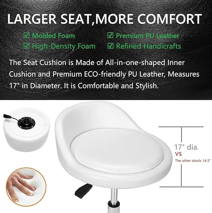 Rolling Salon Stool Chair with Back Support - Height Adjustable Hydraulic Stool with Wheels - Heavy Duty Swivel Stools 400lb Capacity for Home Salon Facial Spa Massage Clinic and Work Bench (White)