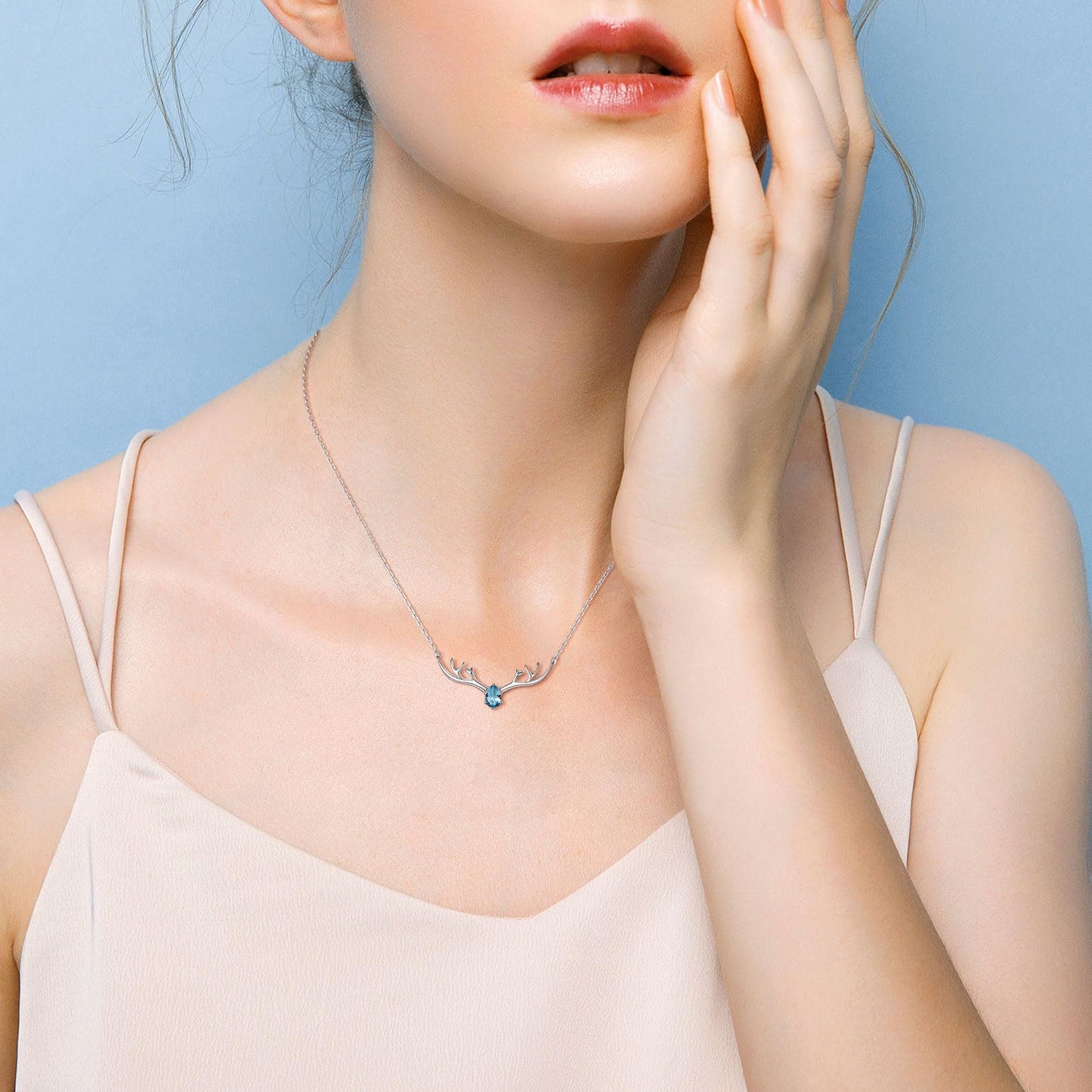 U7 Women Collar Necklace March Birthstone Aquamarine Jewelry Sterling Silver Lucky Reindeer Antler Necklace 16"-18"