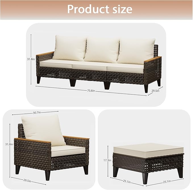 Xmkmvk 7 Piece Patio Sectional Sofa Furniture Set, All-Weather Wicker Rattan Outdoor Conversation Set with High Back and Thick Cushions, for Garden, Porch, Poolside, Beige