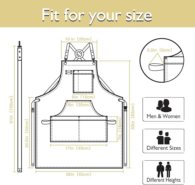 10 Pack Kitchen Apron, Work Apron, Canvas, Multiple Pockets, Gardening, Painting, BBQ, Artist, Carpenter, Sizes M to XXL, Amber