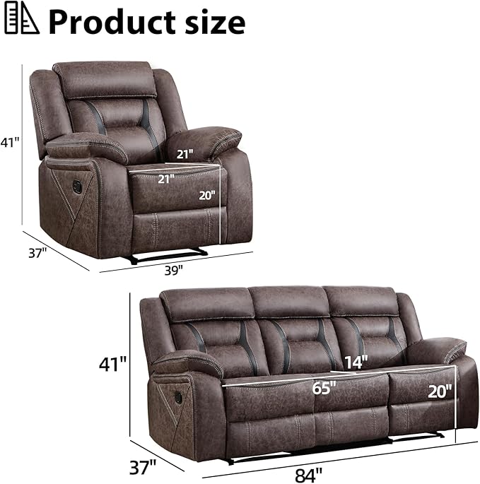 EBELLO Manual Recliner Sofa Set, Faux Leather Reclining Living Room Furniture Set, Included Recliner Chair and 3 Seat Manual Recline Sofa, Grey