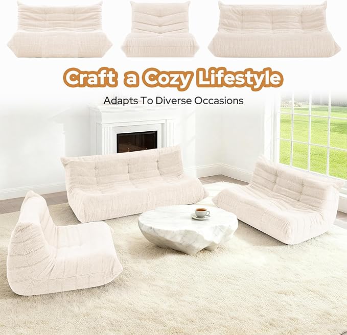 HABUTWAY Bean Bag Chairs Fireside Lazy Floor Sofa, Soft Teddy Fleece 2 Seater Sofa with High-Resilience Foam Filling，Beanbag for Living Room, Bedroom, Office (Beige Teddy)