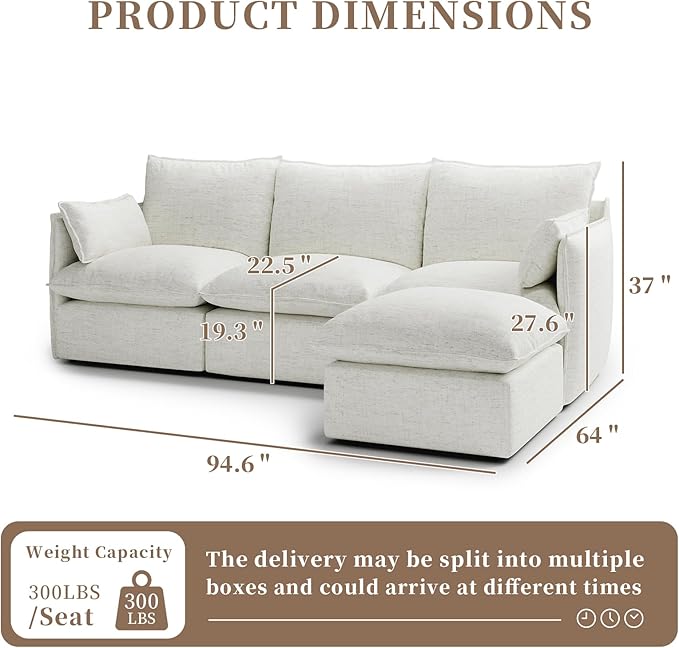 Gtilzria Waterproof Cloud Sectional Couches,High Backrest Down Filled Sofa for Living Room,94.5" Modular Sofas L-Shaped with Ottoman,Detachable Couch Covers,Cream White