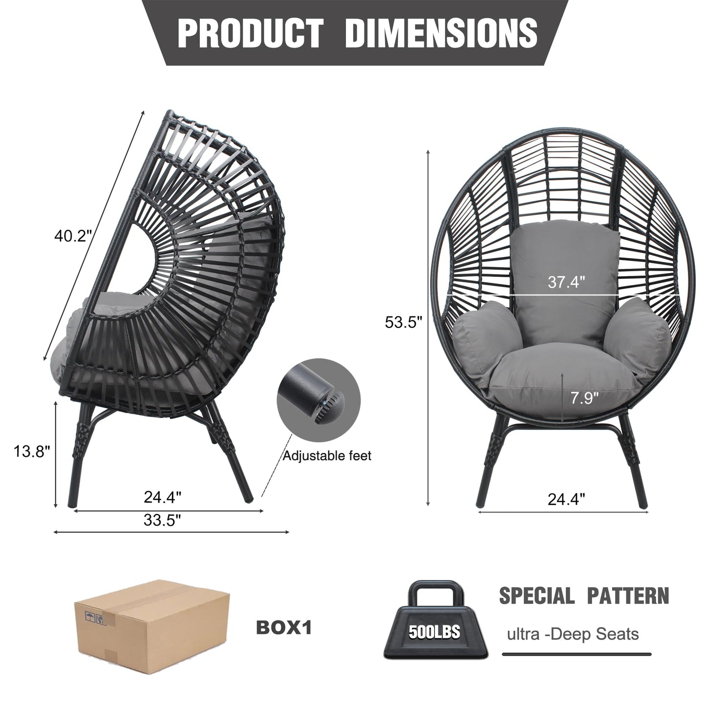TQKVIPI Oversized Wicker Egg Chair, Outdoor Indoor Rattan Patio Egg Lounge Chairs with Cushion 500lbs Capacity for Living Room, Balcony, Backyard(Black)