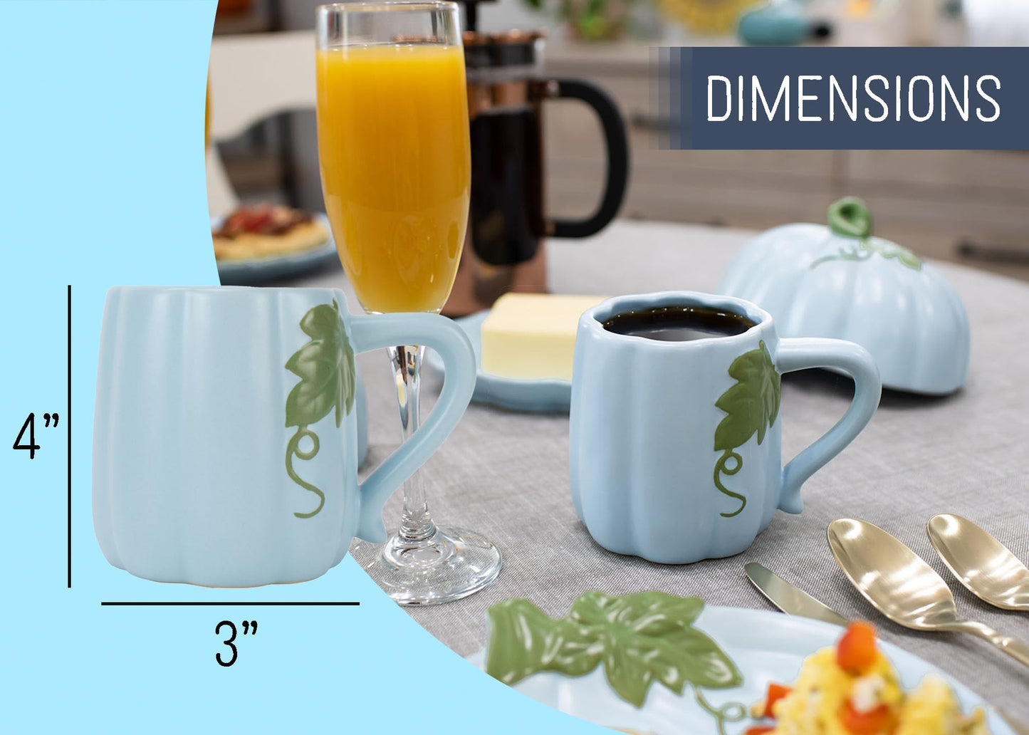 Nat & Jules Pumpkin Shaped 12 ounce Ceramic Coffee Mugs: Perfect for Halloween, Thanksgiving and Fall Kitchen & Home Collections - Set of 2, Powder Blue