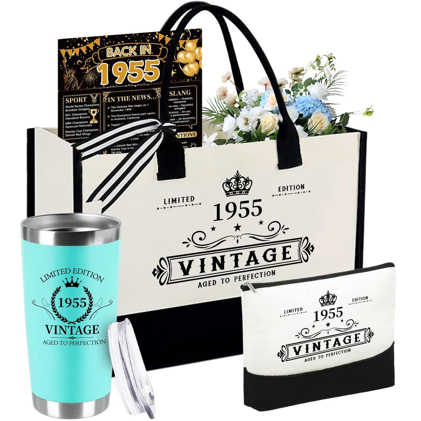 TrophyToast 70th Birthday Gifts for Women Her- 4 pcs, Turning 70 Year Old Gifts, Decorations Canvas Beach Tote Bag & Makeup Bag, Unique Happy 70th Birthday gifts for Her Mom Wife Friends