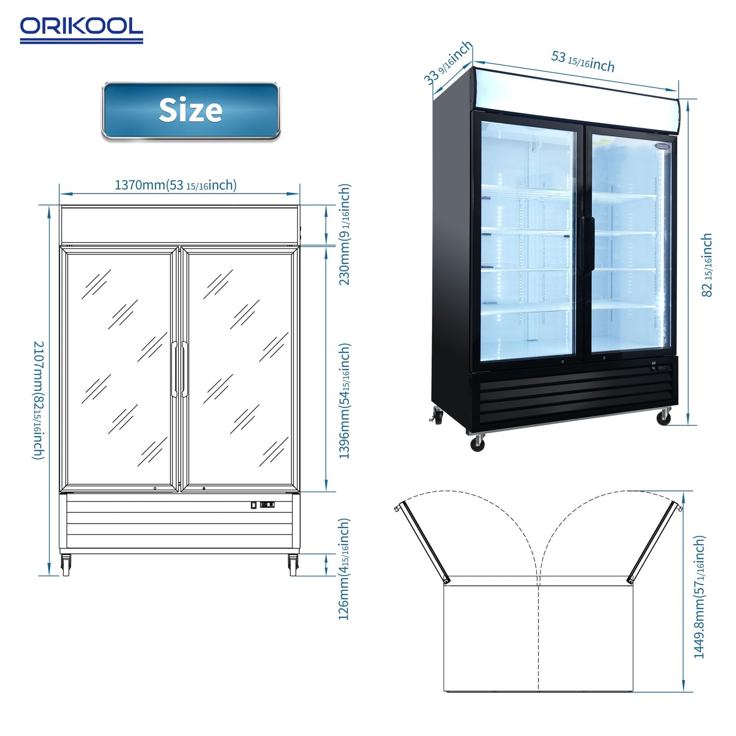 44.7 Cu.ft Glass Door Display Commercial Refrigerator,Beverage Refrigerators with Adjustable Shelves and Defrost System,LED Light,4 Universal Casters,for Restaurant Grocery Stores Home,Black