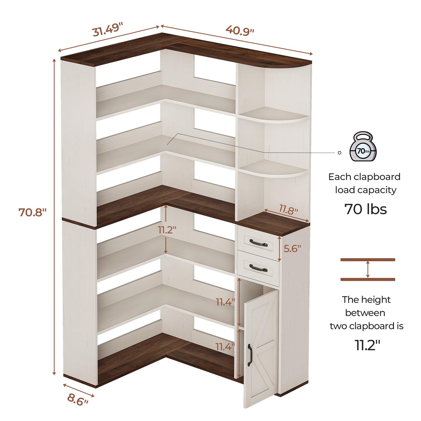 UPOSOJA 7-Shelf Farmhouse Corner Bookshelf with Lockers & Drawers, 71" L-Shaped Large Storage Shelf Display Rack for Bedroom, Living Room, Home Office (White Brown)