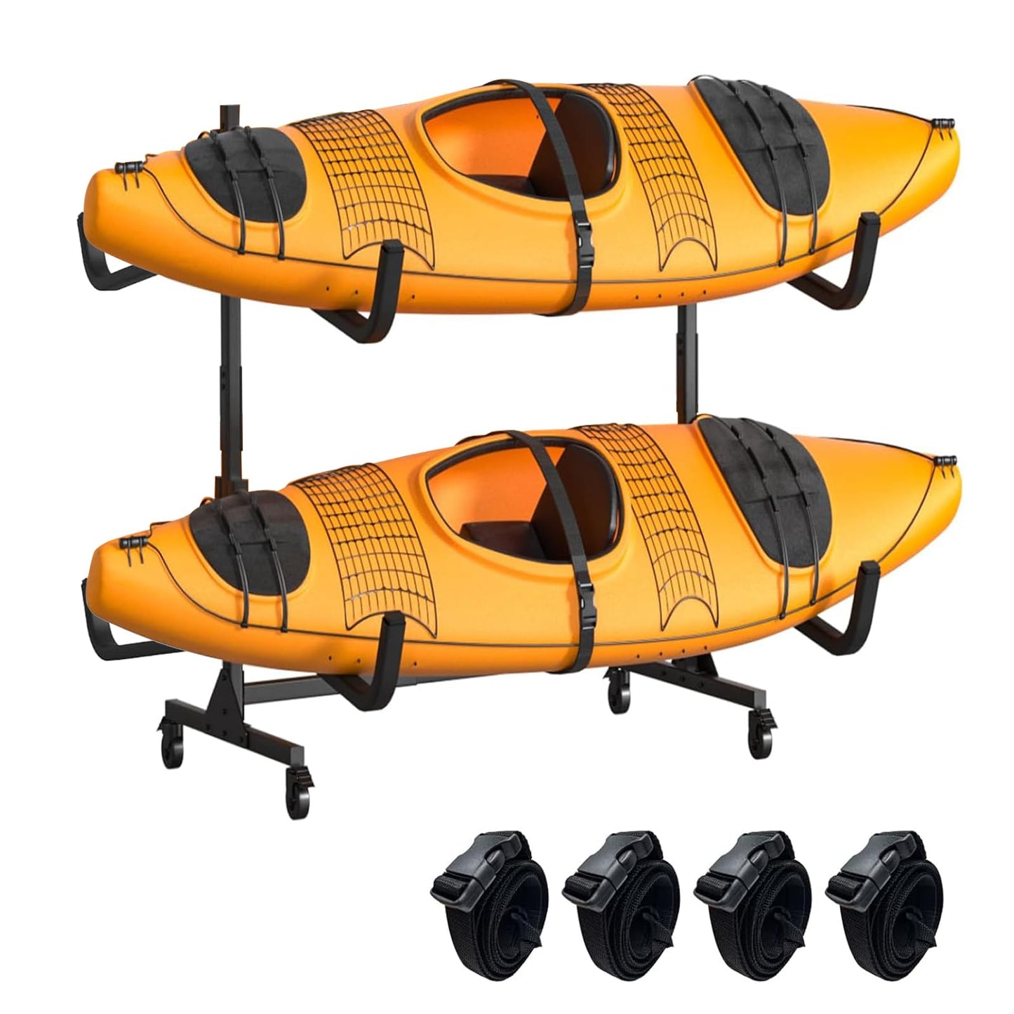 Kayak Storage Rack, Heavy Duty Steel Hanger for 4 Kayaks Stand, Canoe, SUP & Surfboard with Adjustable Width, Movable Wheels, Secure Straps, and Padded Arms for Indoor/Outdoor/Garage Storage