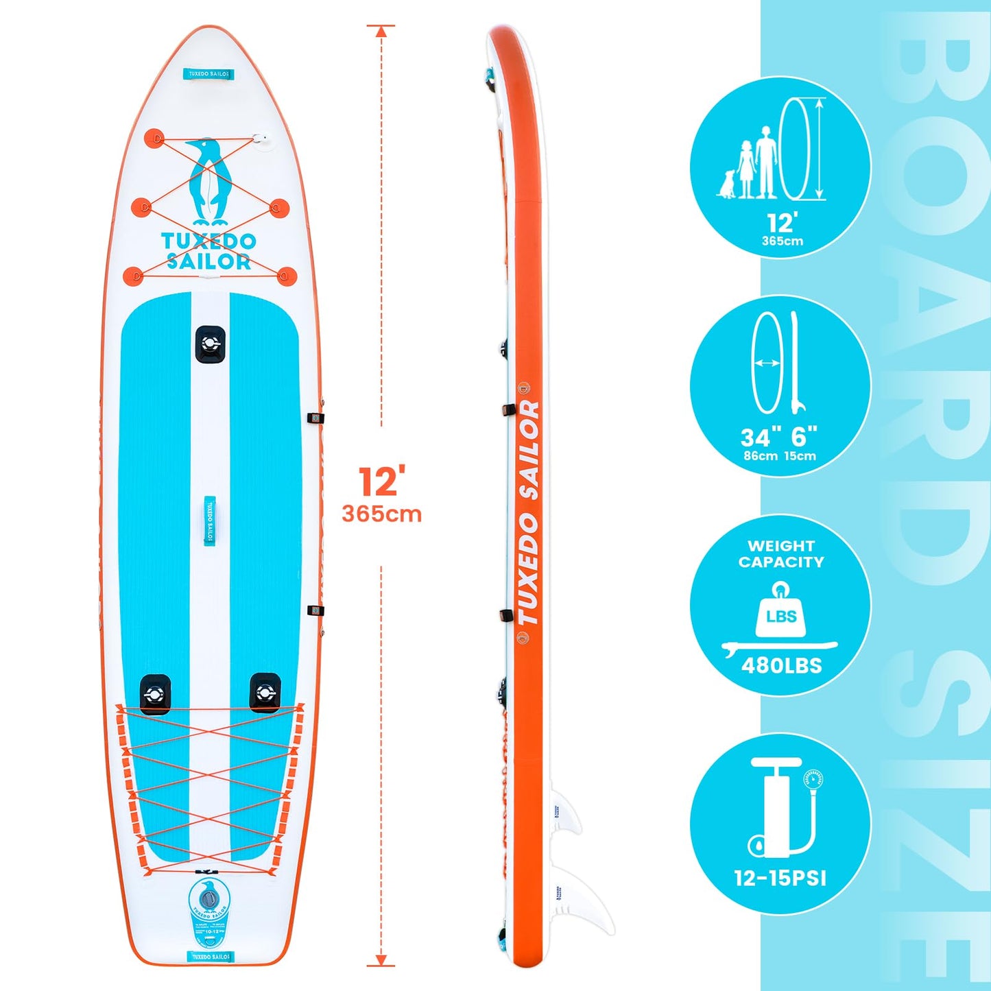 Tuxedo Sailor Large Size Inflatable Fishing Kayak 12'×34"×6" Ultra Long Stand Up Paddle Board Complete Accessories, Fishing Support Bases, Kayak Seat etc