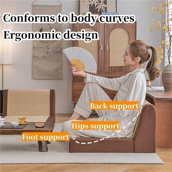 Vintage Floor Chair, Low Meditation Chair with Padded Backrest, Comfortable Ergonomic Lounge Seat, Bamboo Silk Legless Reading Chair for Balcony, Bay Window, Living Room & Bedroom(Brown,51*40*35cm)