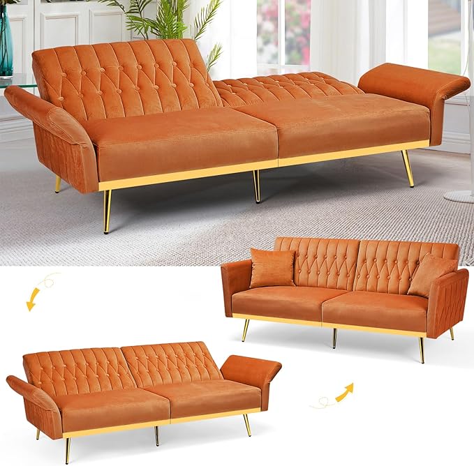 ACMEASE 70” Velvet Futon Sofa Bed w/Adjustable Armrests & 2 Pillows, Convertible Futon Couch w/Adjustable Backrests, Modern Sleeper Bed for Living Room, Bedroom, Orange