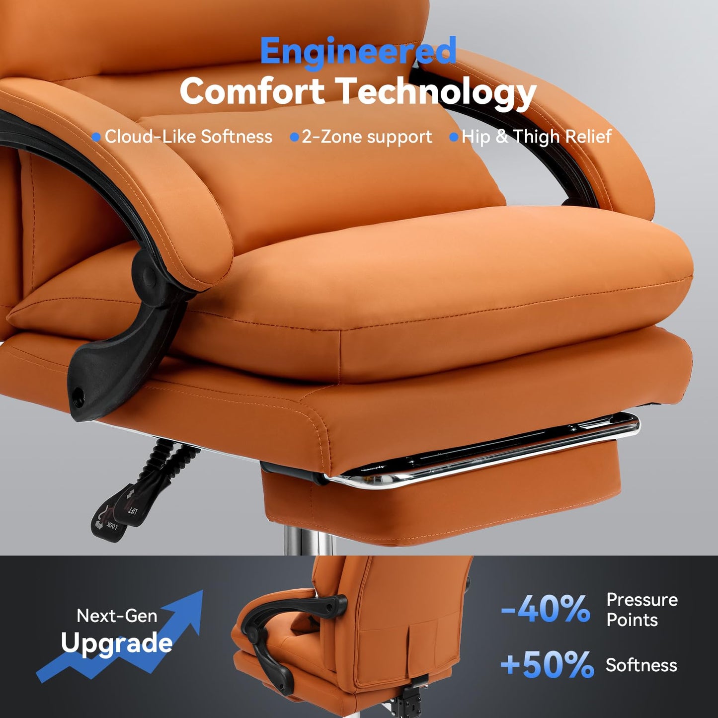 Holiwei Office Chair with Footrest, Big and Tall 400lbs Executive Desk Chair with Thickened Lumbar Support Pillow, High Back PU Leather Reclining Computer Chair, Ergonomic Swivel Task Chair, Brown