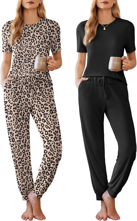 Ekouaer Pajamas for Women Set 2 Pack Lounge Set Short Sleeve Pjs Joggers Long Pants Loungepwear with Pockets
