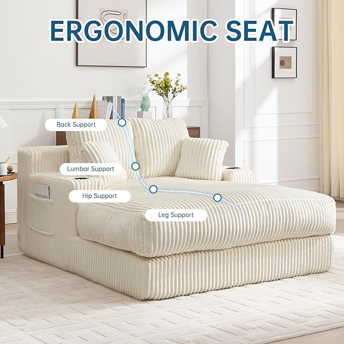 Asukale 60" Oversized Chaise Lounge Chair Indoor, Boneless Cloud Chair Bed with 4 Pillows & Armrests, No Assembly Corduroy Upholstered Sofa for Living Room, Bedroom, Apartment(Beige)