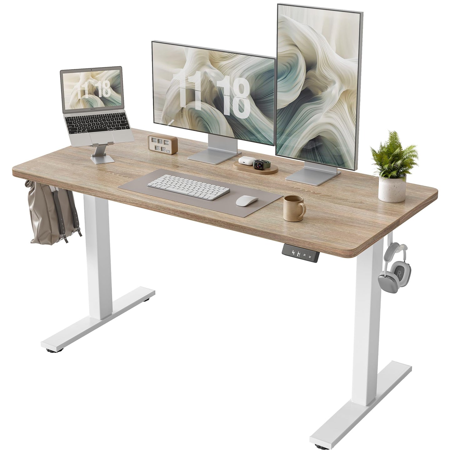 TIQLAB Height Adjustable Electric Standing Desk, 55 x 24 inch, Sit Stand Up Desk, Splice Board, Computer Home Office Desk, White Frame/Maple Top