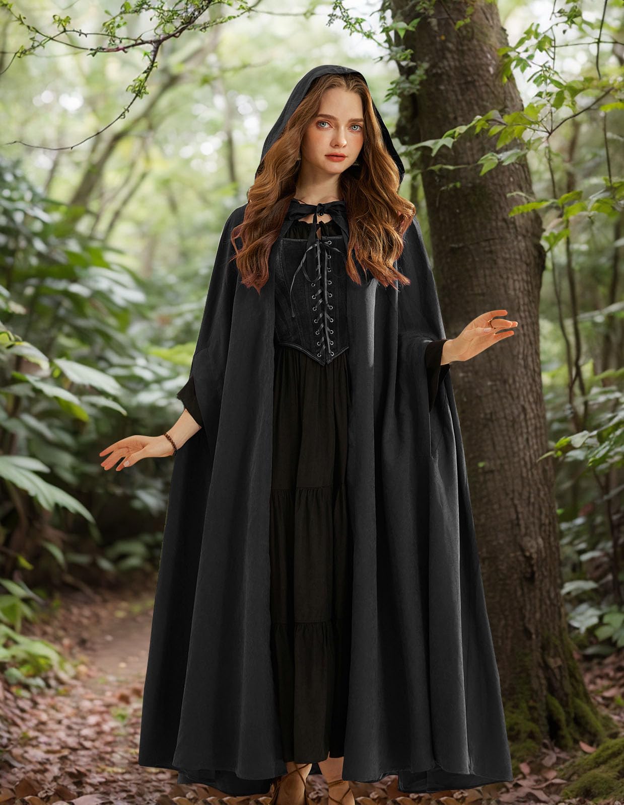 Scarlet Darkness Women Renaissance Hooded Cape Medieval Cloak Hobbit Halloween Costume Black