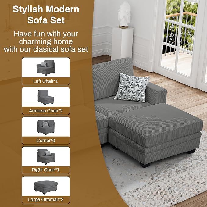 Legend Vansen Oversized Modular Sectional Sofa,6 Seat U Shaped Couch with Ottoman,Corduroy Sofa with Deep Seat,Convertible Large Sectional Couches for Living Room (Grey, U-6)