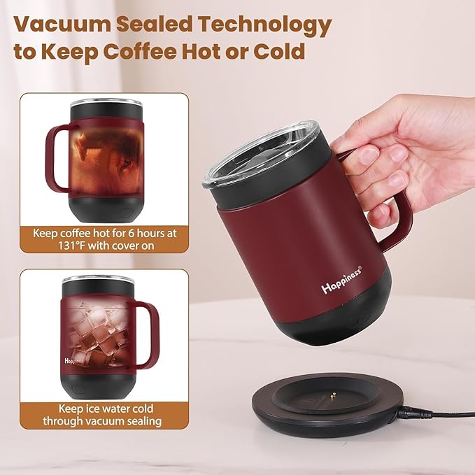 Happiness Smart Heated Coffee Mug,16oz Rechargeable Electric Self Heating Temperature Control Coffee Cup