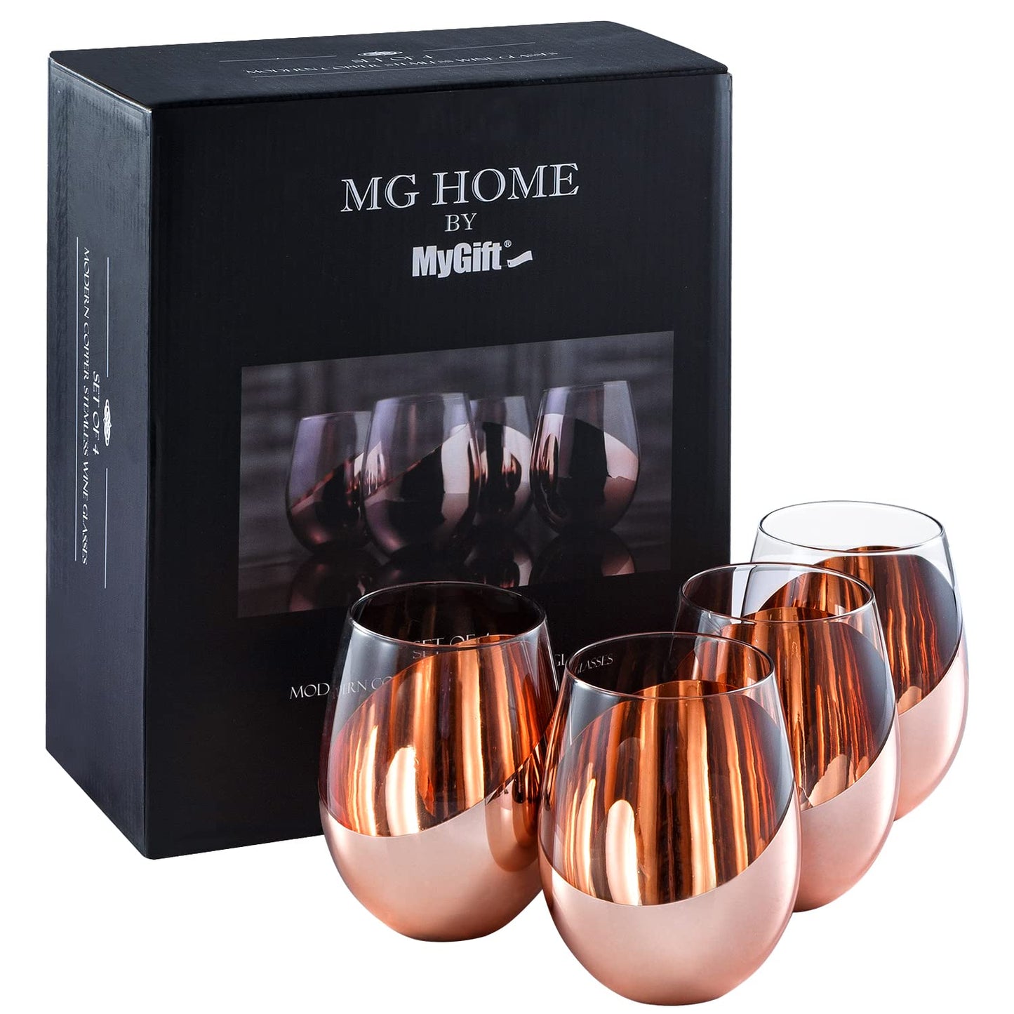 MyGift Stemless Wine Glasses Set of 4 - Copper Accent Modern Barware, Elegant Wedding & Celebration Cups with Luxe Metallic Finish, Dishwasher Safe