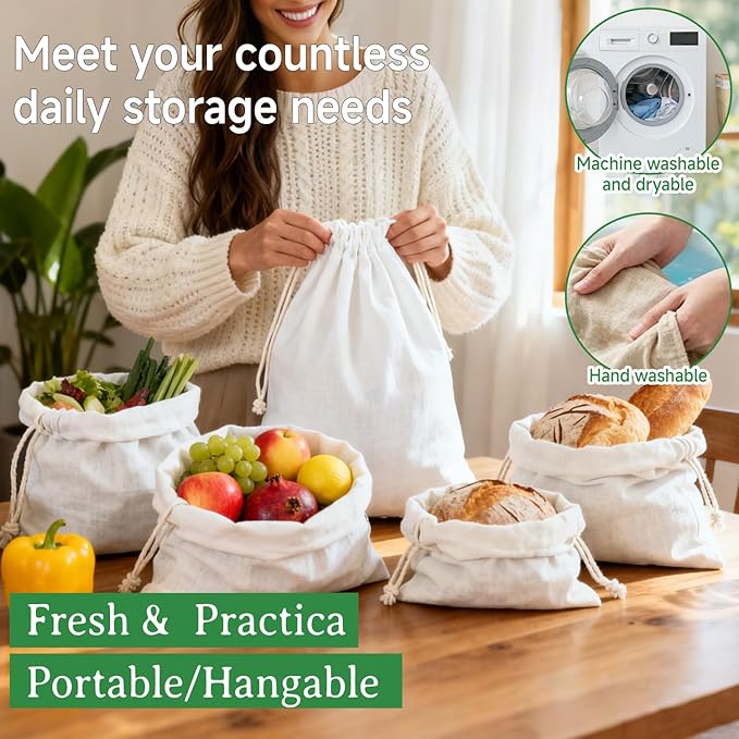 Simple&Opulence 12-Pack 5” x 7” Linen Cotton Drawstring Bags Reusable Grocery Sacks, DIY Craft Sachet Sacks Storage Cloth Bags for Party Wedding Home Bulk Produce Bags, Washable, White