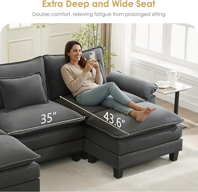 URRED Cloud Couch Modular Sectional Sofa, 157" Modern U Shaped Deep Seat Sofa with 2 Ottomans & Pillows, Ultra Comfy VelvetCouches for Living Room, Bedroom or Apartment, Dark Gray