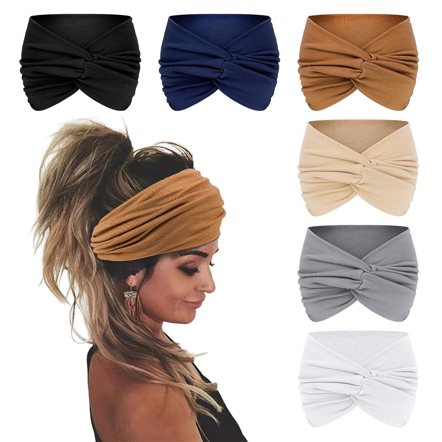 Wecoe Headbands for Women, 6pcs Fashion Wide Elastic Thick Knotted Headbands for Wigs African Head Wrap Turban Workout Sweat Hai