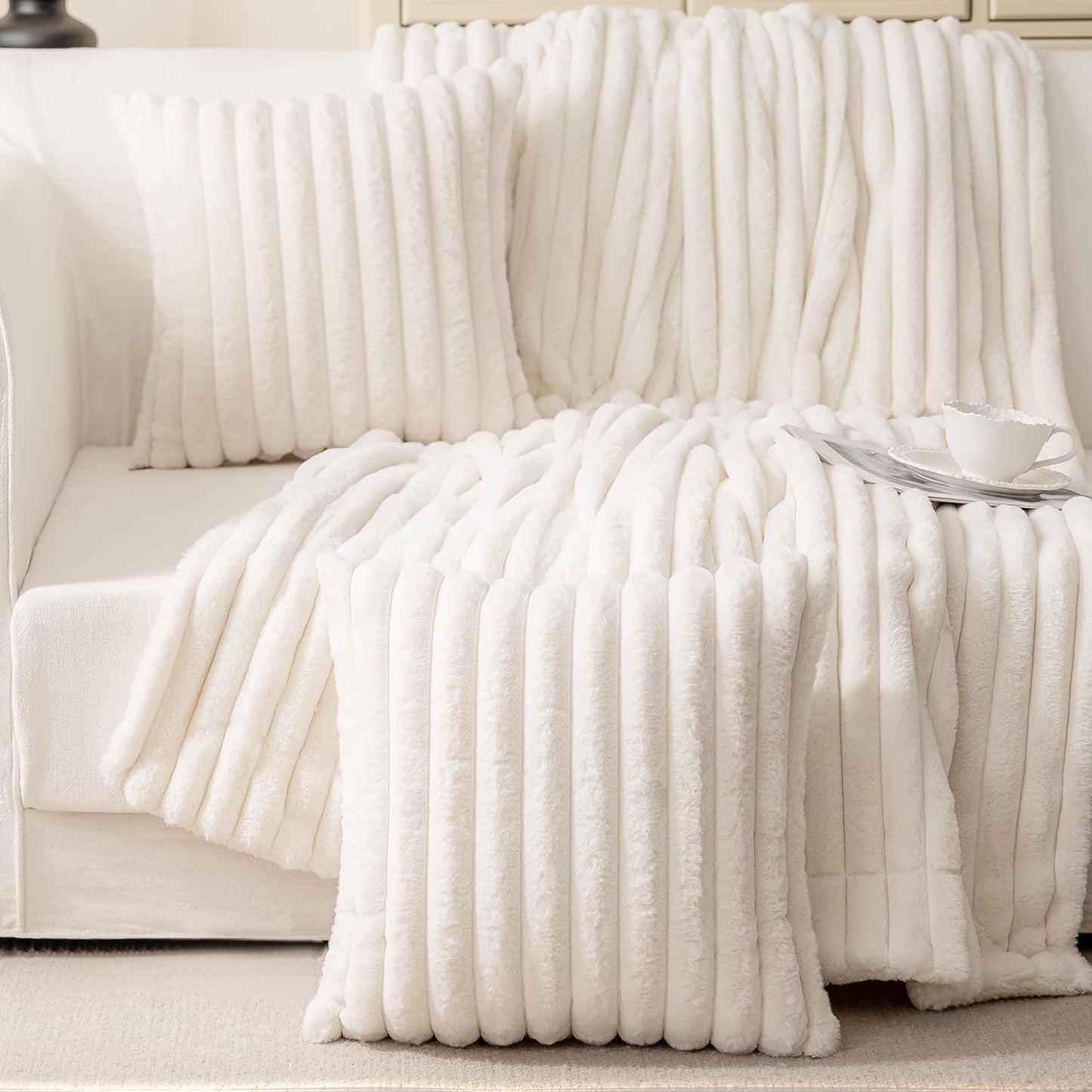 MOSAYT Faux Fur Throw Pillow Covers 18x18, Set of 2, Plush Velvet Soft Pillow Case,Fluffy Striped Decorative Couch Pillow Covers for Sofa, Bedroom, Living Room(White)