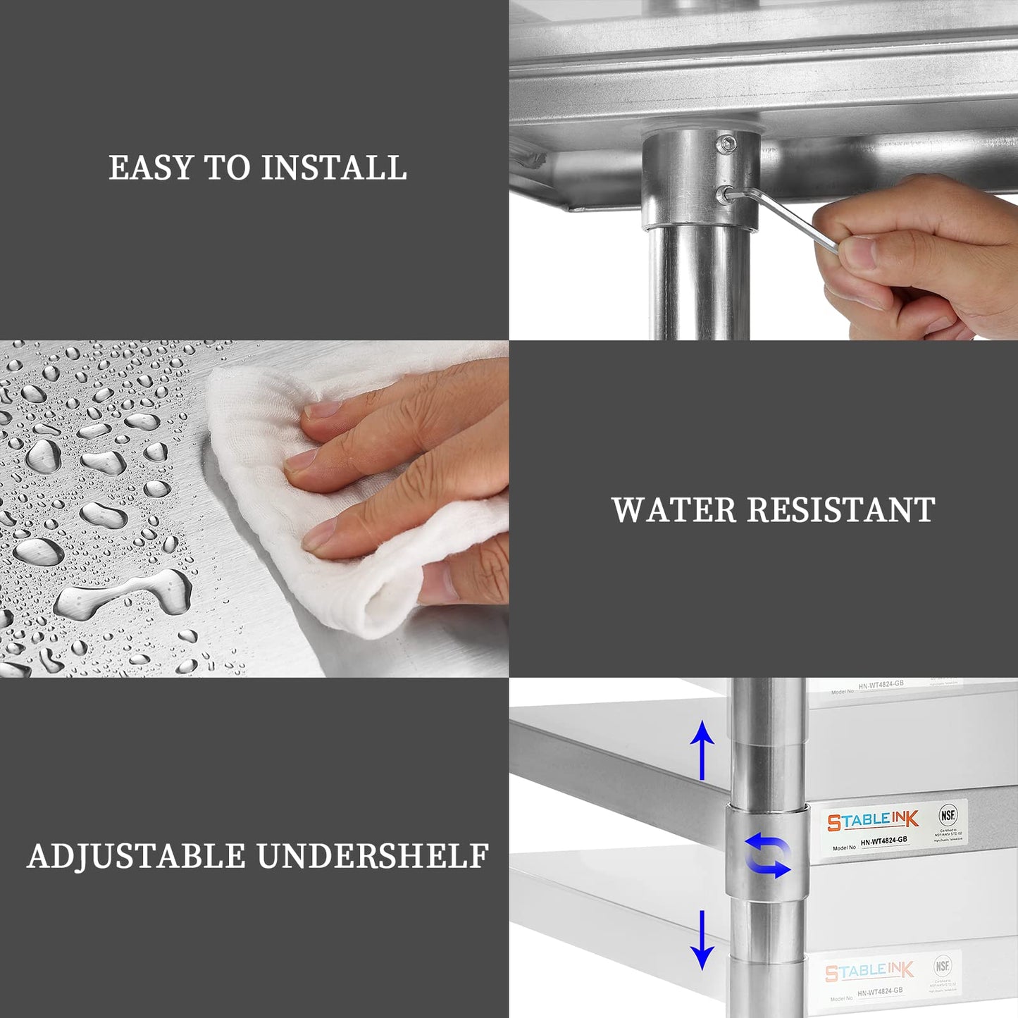 STABLEINK NSF Stainless Steel Table 24 x 60 Inches 5ft, Metal Prep & Work Tables with Adjustable Undershelf, for Commercial Kitchen, Restaurant, Hotel and Garage